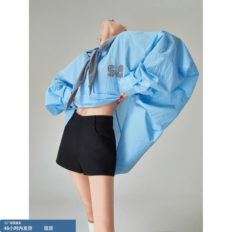Blue Navy Style Detachable Hooded Pullover Shirt for Women, Thin, Loose-Fitting, Mid-Length, Slimming and Versatile Shirt