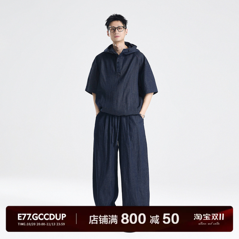 E77『Montage』Natural Cotton and Linen Denim Hooded Pullover Shirt Half-Sleeve Casual Straight-Leg Pants Set