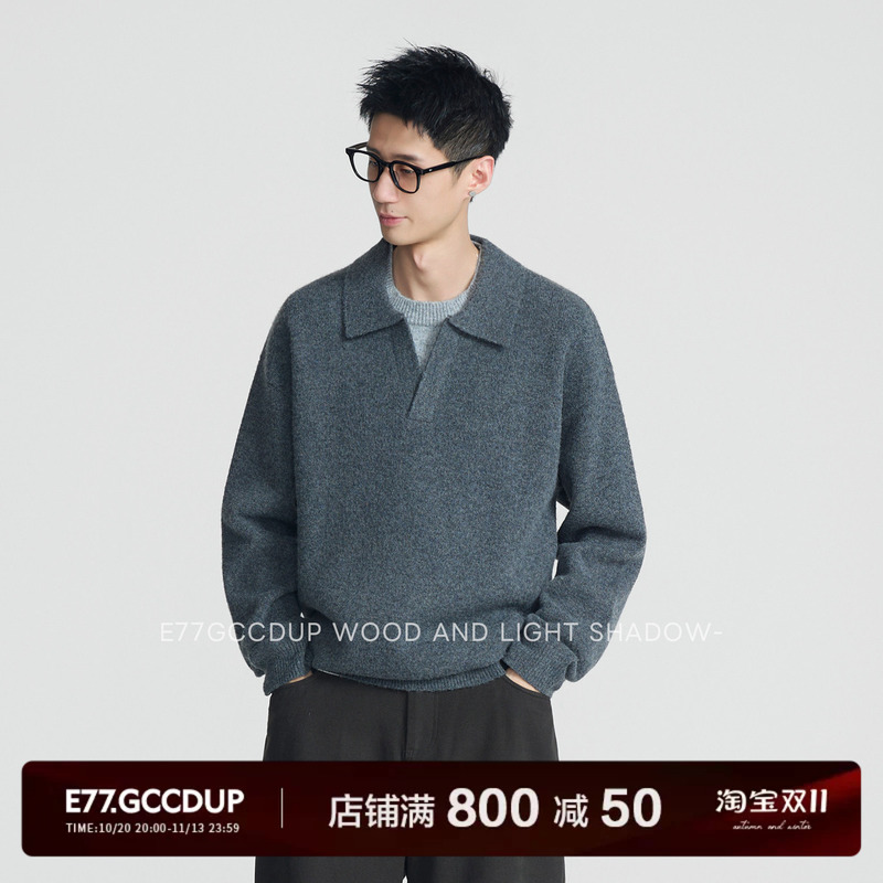 E77.Gccdup「松棂」Sheep Wool Blend Patchwork Henry Collar Vintage-Style Soft Knit Pullover Sweater