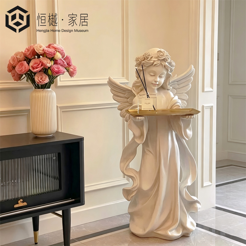 European-Style Retro Alice Angel Girl Floor-Standing Ornament Tray Living Room Resin Sculpture Crafts Home Decoration
