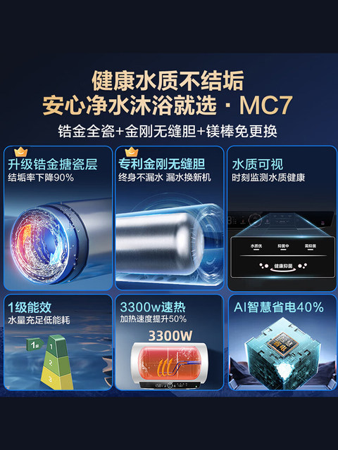 Haier Electric Water Heater First-Class Energy Efficiency 3300W Household Fast-Heating Energy-Saving Magnesium Rod No Need to Replace 60-Liter Mc7