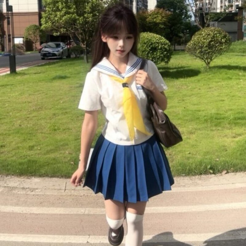 Jk Uniform Sailor Suit Genuine Blue Three-Stripe Color-Blocking Fresh Style Set with Navy Collar Zip-Up Top Student Three-Piece Set