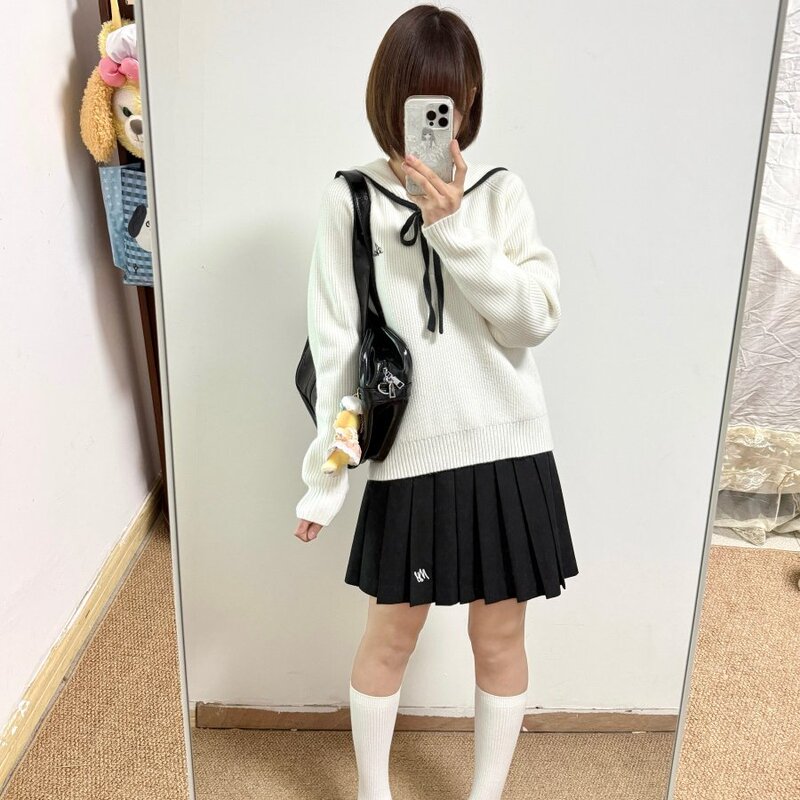 Japanese-Style School-Supplied White Lazy-Style Knit Sweater with Sailor Collar Design, Loose Fit Pullover Top with a Unique Vibe