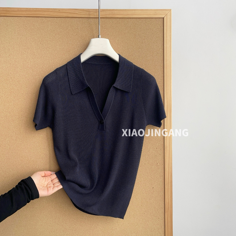 Little King Kong Women's Clothing - [Urban Secrets] Summer New Korean Style Urban Style Solid Color Turn-Down Collar Knitted Short Sleeve