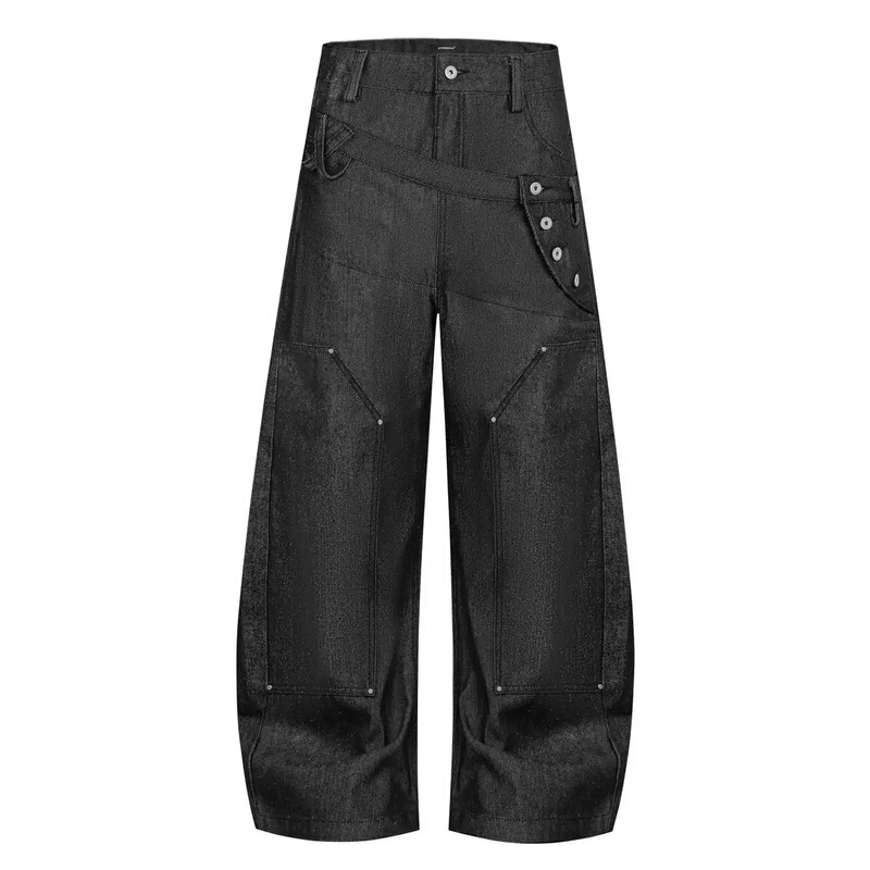 Evekat American-Style Double Waistband Diagonal Buttoned Raw Denim Baggy Design Street-Style Straight-Leg Jeans Trendy