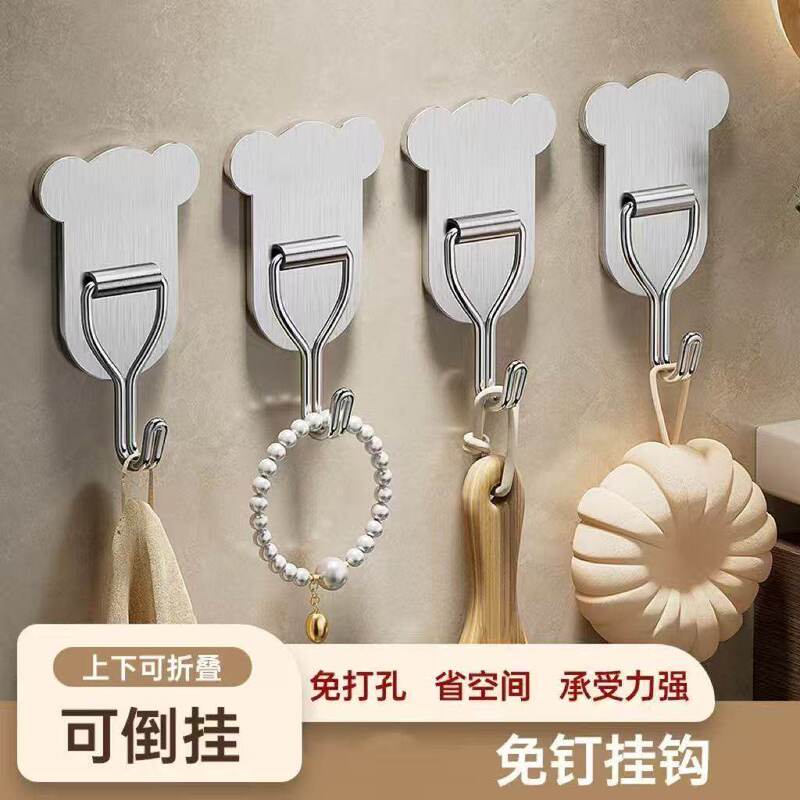 Stainless Steel Hooks with Strong Adhesive for Hanging Clothes, No-Drill Wall Hooks for Kitchen, Adhesive Hooks for Door and Wall Mounting