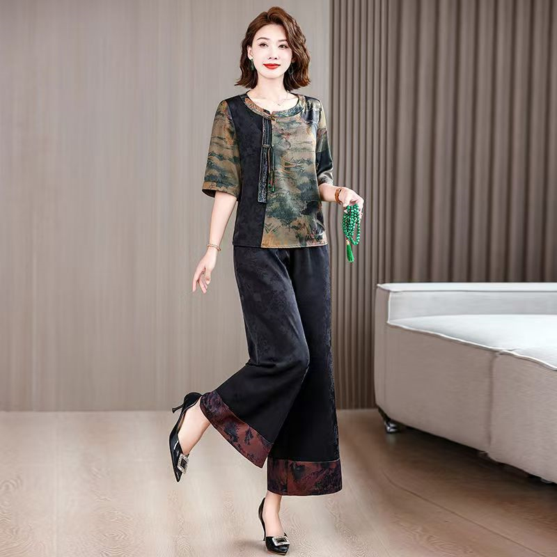 Maxmurny Genuine Summer New High-End Silk Suit for Women, Chinese Style Retro Fragrant Cloud Yarn Loose Two-Piece Set