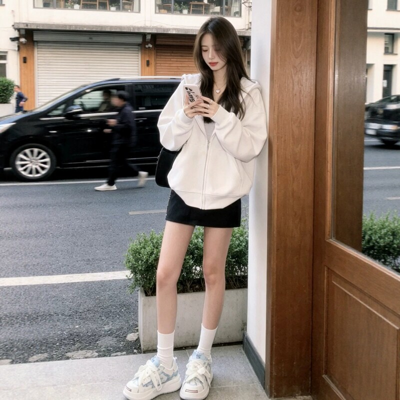 British Dgkp White Sweatshirt Jacket Half-Length Dress for Women, Autumn and Winter Korean Style Outfit, Complete Set with Short Skirt British Dgkp White Sweatshirt Jacket Half-Length Dress for Women, Autumn and Winter Korean Style Outfit, Complete Set with Short Skirt