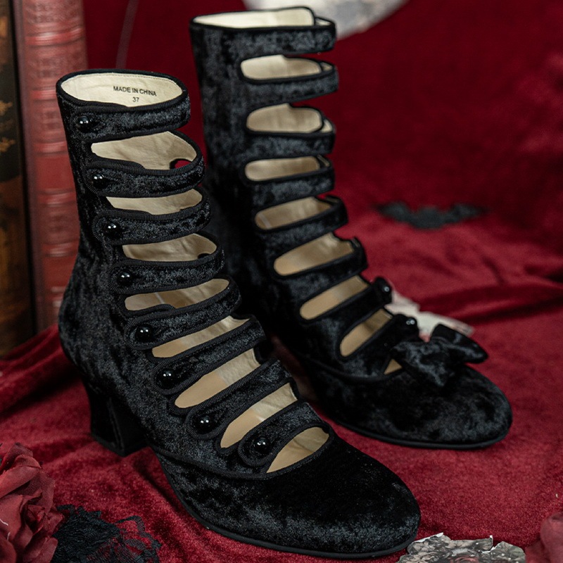 54 in Stock - Jav Retro Women's Shoes 6cm Gothic Victorian Button Boots Velvet Bow Cla Style Lo Shoes