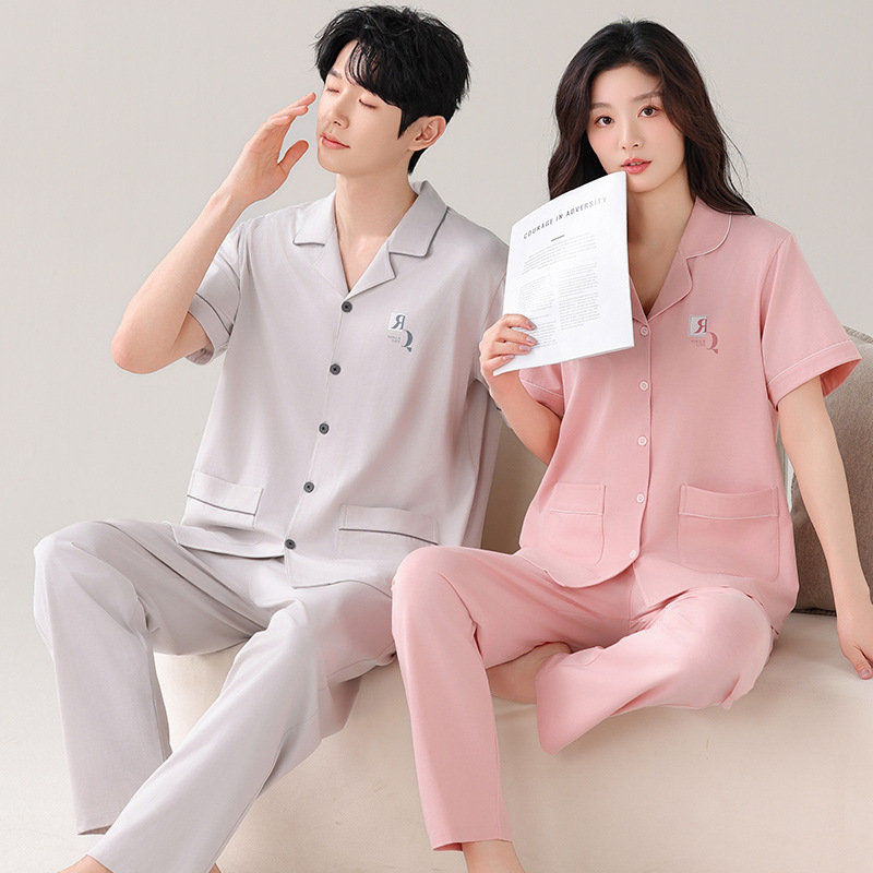 Fat Dong Lai Cotton Pajamas for Women, Summer Couple Short-Sleeve Long Pants New Style Solid Color Plus Size Pure Cotton Loungewear for Men