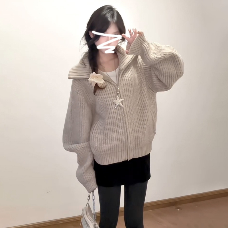 Korean Style Lazy and Relaxed Atmosphere Stand-Up Collar Zipper Knit Cardigan Sweater Jacket Autumn 2026 New Women's Clothing Korean Style Lazy and Relaxed Atmosphere Stand-Up Collar Zipper Knit Cardigan Sweater Jacket Autumn 2026 New Women's Clothing