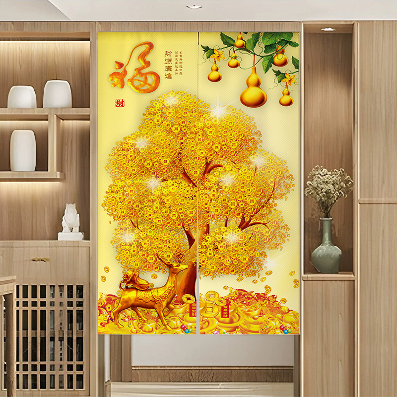 Chinese-Style Money Tree Door Curtain Partition Curtain for Bedroom, Home Use, Blocking Curtain for Kitchen, Bathroom, Half Curtain, Toilet Hanging Curtain
