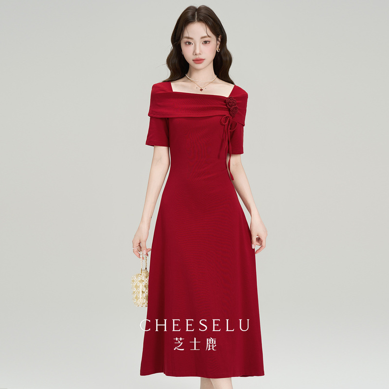 Cheese Deer French-Style Unique and Beautiful Waist-Cinching Dress for Women, Summer High-End Vintage Red Engagement Toast Dress Cheese Deer French-Style Unique and Beautiful Waist-Cinching Dress for Women, Summer High-End Vintage Red Engagement Toast Dress