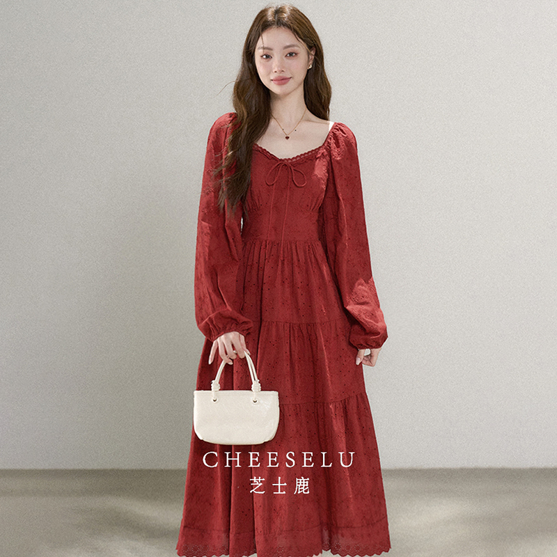 Cheese Deer's New Autumn French-Style Red Waist-Cinching Square-Neck Dress Is a Stunning and Elegant Engagement Long Dress That Can Be Worn on a Daily Basis Cheese Deer's New Autumn French-Style Red Waist-Cinching Square-Neck Dress Is a Stunning and Elegant Engagement Long Dress That Can Be Worn on a Daily Basis