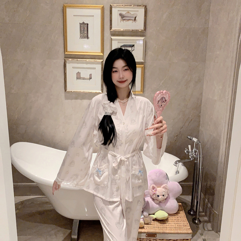 Tian Tong Zai* Original Design'Angel's Prayer' Kimono-Style Japanese Cat Print Ice Silk Pajamas Long-Sleeved Long Pants