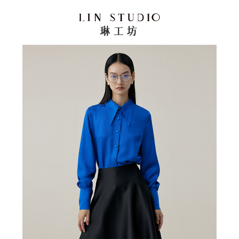 [Designer Tang Lin] Lin Workshop Clear Moon Royal Blue Shirt for Women, Acetate Lyocell Pointed Collar Long Sleeve Blouse