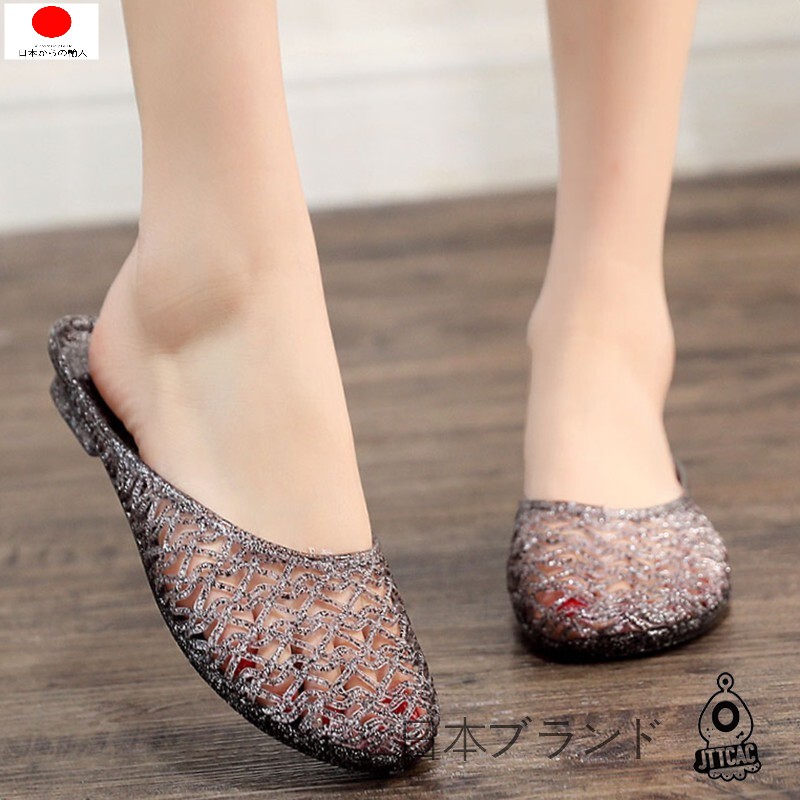 Japanese Jt Outdoor Crystal Slippers Transparent Sandals Women's Hollow Soft Anti-Odor Flat Heel Bath Bathroom Non-Slip Slippers