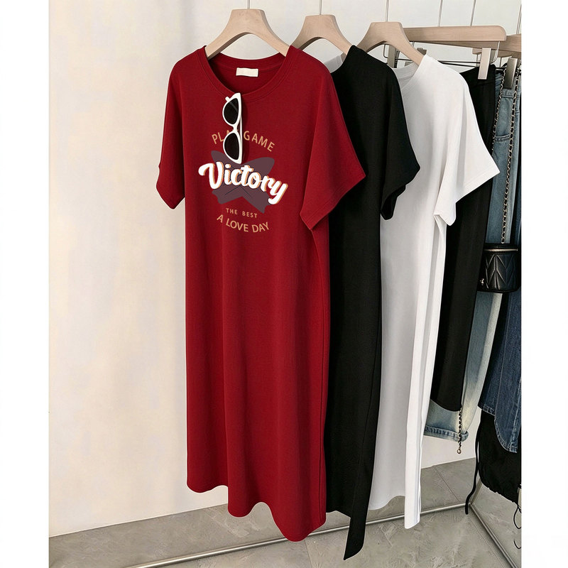 American Retro Short-Sleeved T-Shirt Dress for Women 2026 New Style Loose Large Size Mid-Length Dress Pure Cotton Long T-Shirt Dress