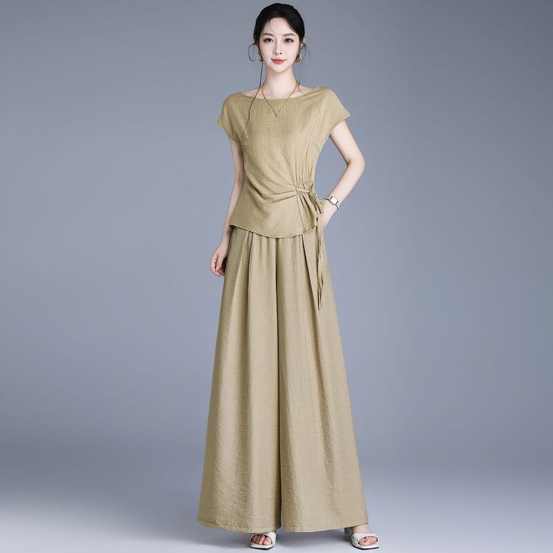 Hueq Light Luxury Style Summer Thin Fashion Two-Piece Set Waist-Cinching Slimming Top Casual Wide-Leg Pants Suit for Women Hueq Light Luxury Style Summer Thin Fashion Two-Piece Set Waist-Cinching Slimming Top Casual Wide-Leg Pants Suit for Women