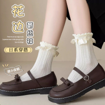 Japanese unprinted white lace socks for women summer mid-calf socks with bow lace and small leather shoes jk stockings