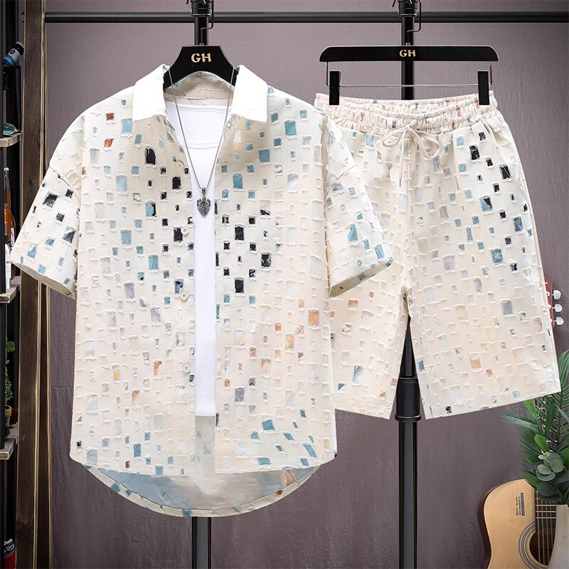 Trendy Men's Short-Sleeve Shirt for Summer, Thin Ripped Half-Sleeve Floral Shirt, Men's Summer Beach Outfit