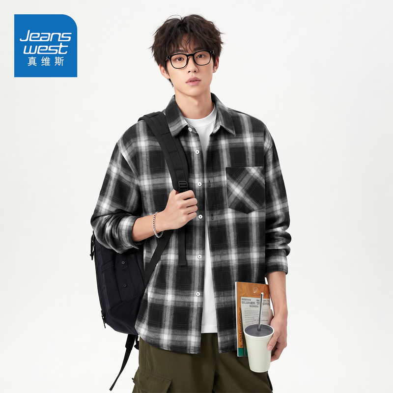 Jeanswest Youth Style Plaid Shirt for Men, Autumn Trendy American Casual Unisex Cuban Collar Thin Couple's Cardigan C Jeanswest Youth Style Plaid Shirt for Men, Autumn Trendy American Casual Unisex Cuban Collar Thin Couple's Cardigan C