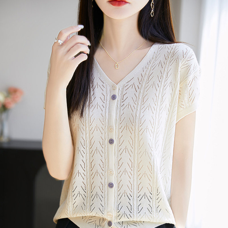 2025夏季新款V领镂空针织开衫短袖薄款时尚T恤打底衫女上衣宽松