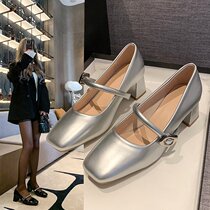 2024 spring new fashion square toe shallow mouth thick heel single shoes fashionable one-line buckle high heels womens shoes