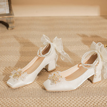 2024 new autumn low heel fairy style medium heel French rhinestone temperament single shoes square toe thick heel high heels for women