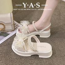 Sweet fairy style thick-soled platform shoes one shoe two wear pearl bow sandals womens 2024 summer hot style Roman shoes