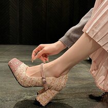 Mary Jane Shoes Womens 2024 Spring New High-heeled Shoes Shallow Thick Heels Sequined Strap Thick Heels Single Shoes