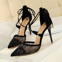 1627-6 European and American style sexy high heels stiletto high heels shallow mouth pointed toe mesh lace cross strap hollow sandals