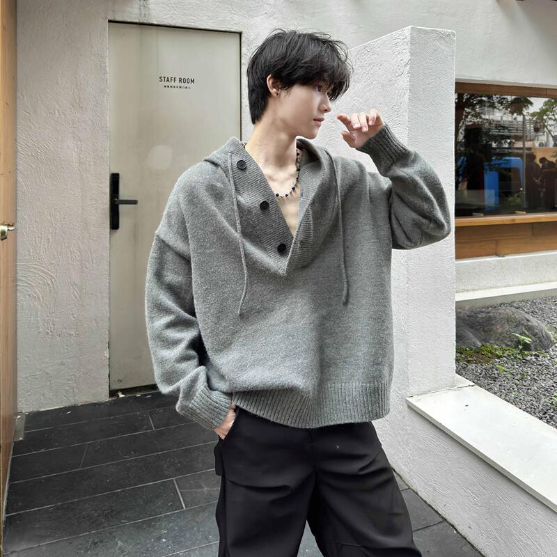 H Tonic Korean Style Simple Lazy Knitted Top Boyish Hooded Loose Autumn and Winter Sweater Jacket for Men and Women