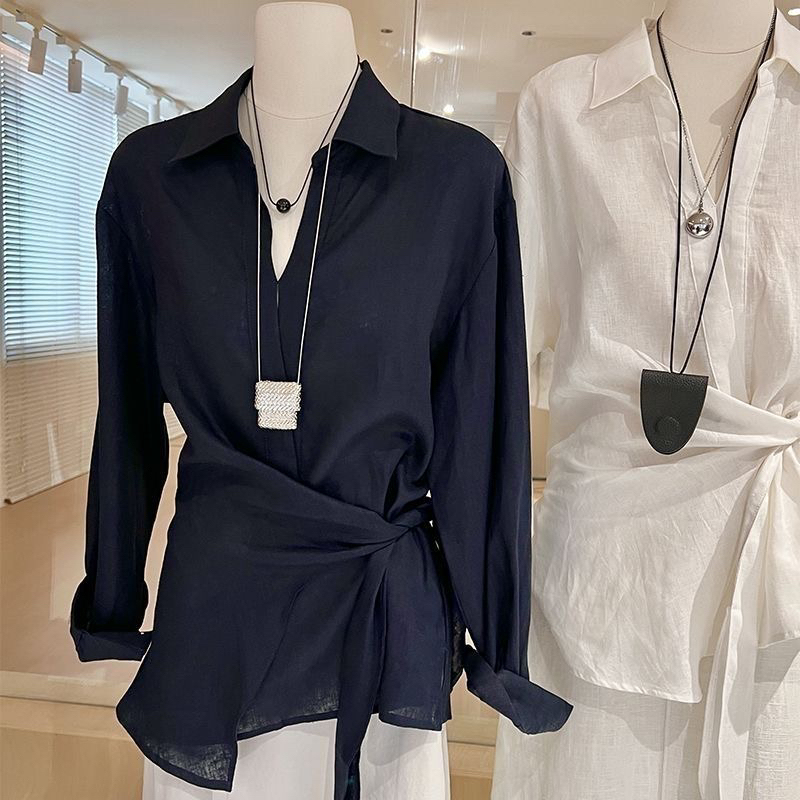 Linen Shirt for Women with an Irregular Design, Tie Waist, French Old-Money Style, Relaxed and Elegant, Long-Sleeved Loose Top Linen Shirt for Women with an Irregular Design, Tie Waist, French Old-Money Style, Relaxed and Elegant, Long-Sleeved Loose Top
