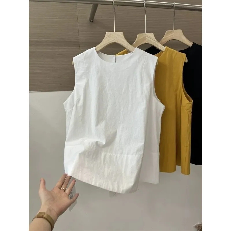 2025 Summer Sleeveless Shirt for Women, New Round Neck Yellow Loose Casual Fashion Top for Petite Women