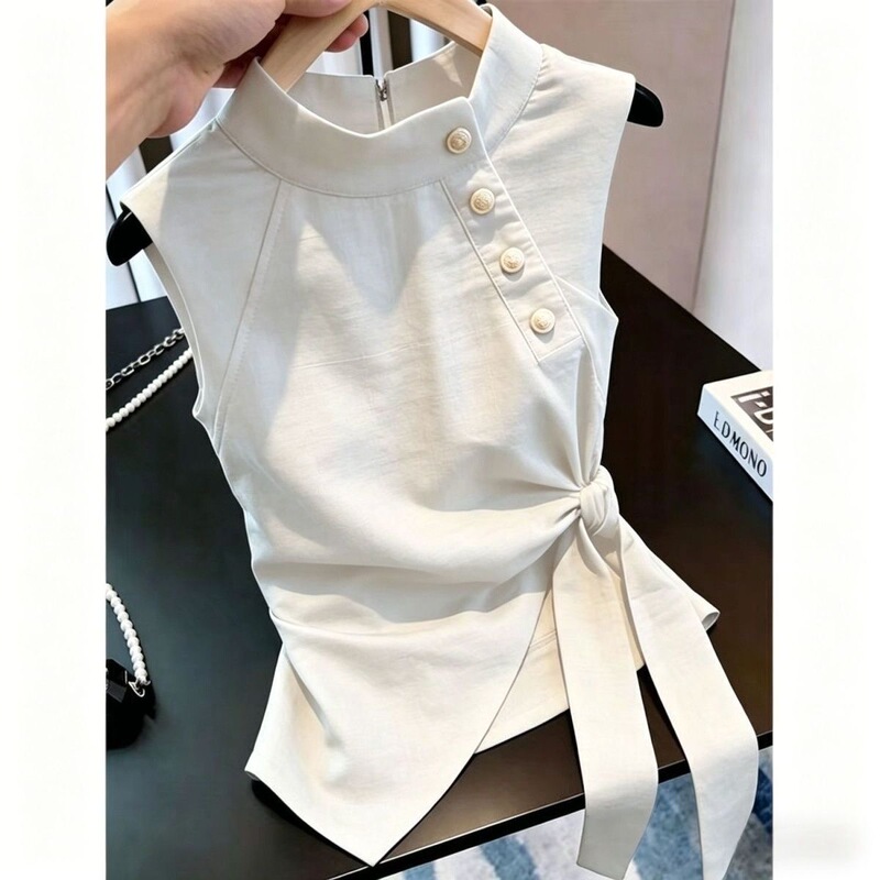 2026 Summer New Fashionable Tie-Waist Slimming Stand Collar Solid Color Versatile Sleeveless Pullover Shirt for Women Trendy 2026 Summer New Fashionable Tie-Waist Slimming Stand Collar Solid Color Versatile Sleeveless Pullover Shirt for Women Trendy