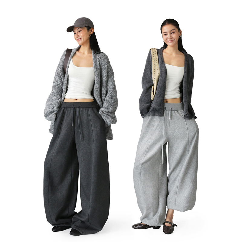 Sanovis* Pants with Tapered Legs, Spring and Autumn Style, Drapey Gray Sweatpants with Drawstring, Elastic Waist, Slightly Curved Wide-Leg Pants