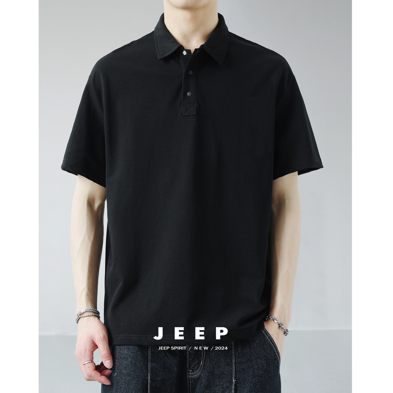 Jeep Custom Pique Cotton Polo Shirt for Men, Short-Sleeved, Breathable, Solid Color, Versatile, High-End Feel, Black T-Shirt with a Collar Jeep Custom Pique Cotton Polo Shirt for Men, Short-Sleeved, Breathable, Solid Color, Versatile, High-End Feel, Black T-Shirt with a Collar