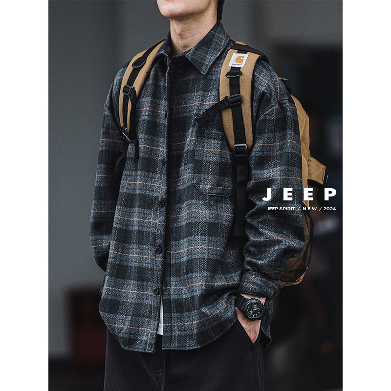 Jeep Design Brushed Thick Plaid Shirt for Men, Spring and Autumn, Loose Long-Sleeved Woolen Shirt with a Turn-Down Collar