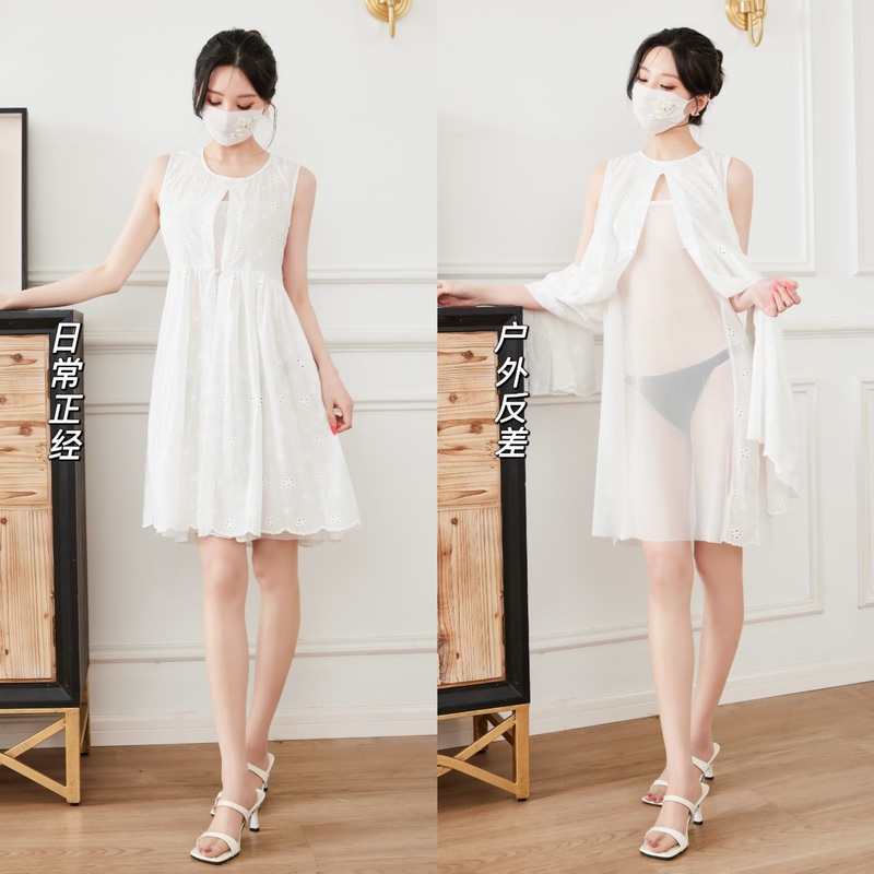 Wife-Like Charm Outdoor Magnetic Split Dress White Pure Cotton Hollow Embroidery for Wild Date, Convenient and Thoughtful