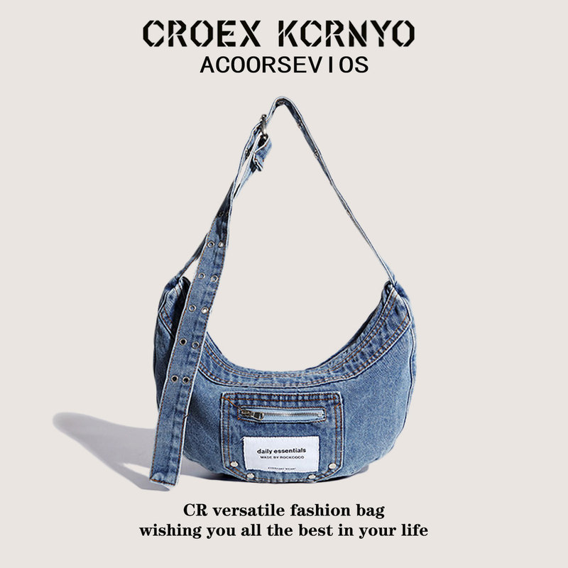 Croex Kcrnyo Genuine Niche Fashion Washed Denim Underarm Bag Versatile Large Capacity Shoulder Crossbody Bag