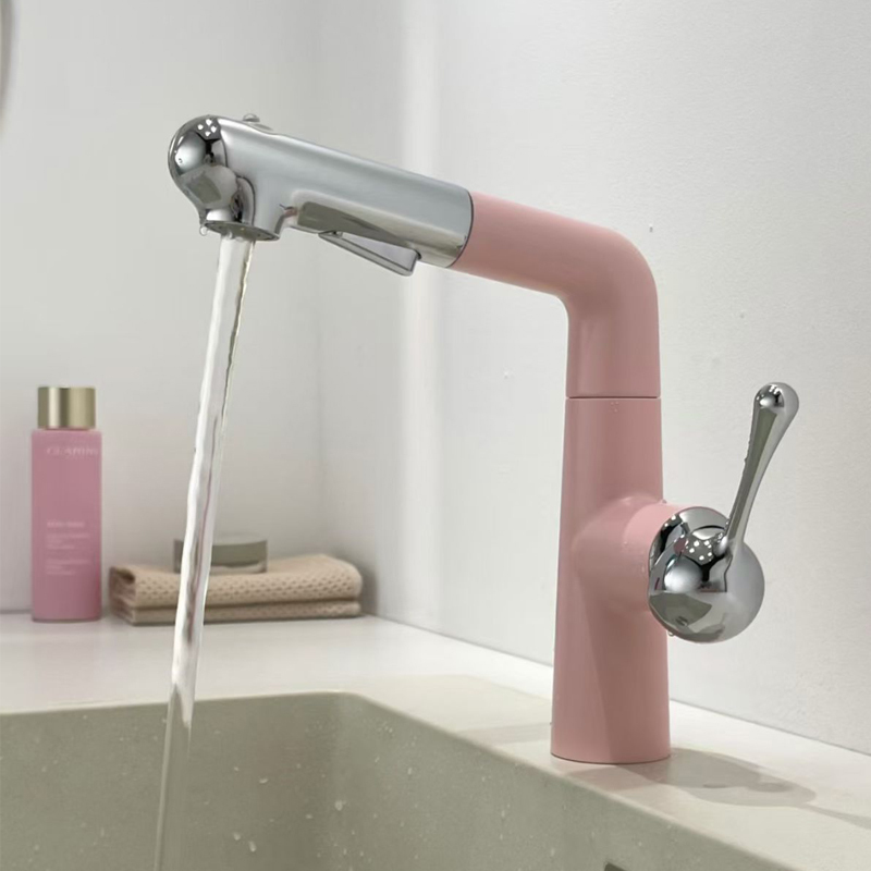 Pink Dopamine Washbasin Faucet Copper Bathroom Sink Pull-Out Hot and Cold Splash-Proof Faucet