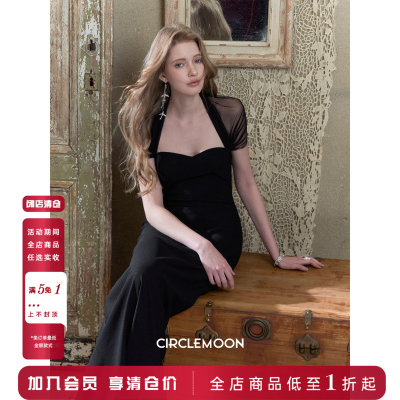 Circlemoon【Nighttime Reverie】2026 Summer Pure Desire Style Waist-Slimming Patchwork Black Dress