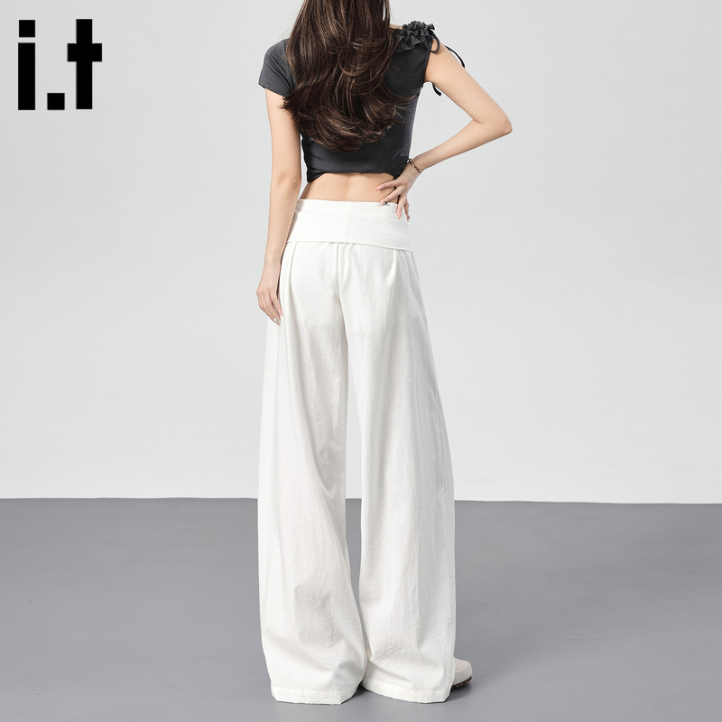 Chocoolate White Lazy Wide-Leg Pants for Women 2026 Summer Fold-Over Wide Waistband Loose Drapey Long Pants