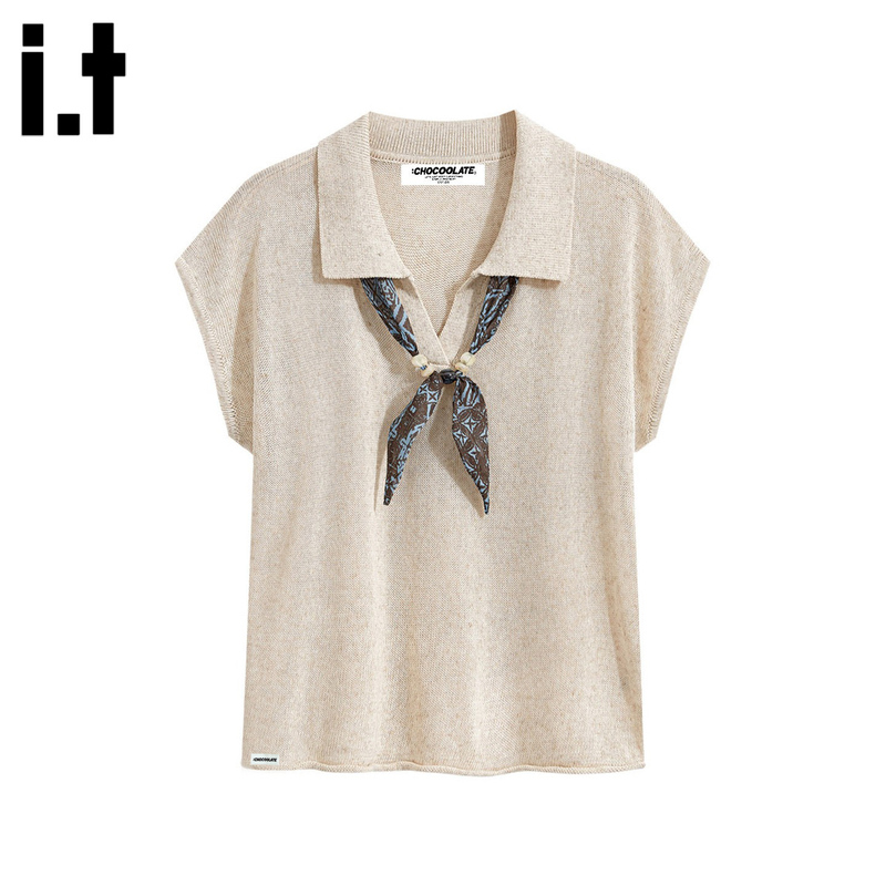 It: Chocoolate High-End Silk Scarf Polo Collar Short-Sleeved T-Shirt for Women, Summer Light and Elegant, Beautiful Top It: Chocoolate High-End Silk Scarf Polo Collar Short-Sleeved T-Shirt for Women, Summer Light and Elegant, Beautiful Top