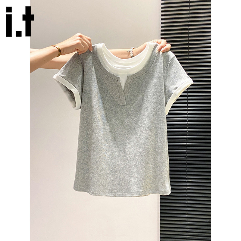 It:Chocoolate Korean Style Color-Blocking Fake Two-Piece Round Neck Short-Sleeve T-Shirt for Women, New Summer Versatile Top It:Chocoolate Korean Style Color-Blocking Fake Two-Piece Round Neck Short-Sleeve T-Shirt for Women, New Summer Versatile Top