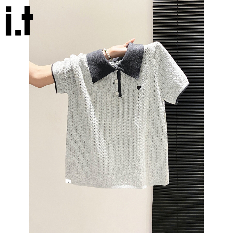 It:Chocoolate Color-Blocked Lapel Short-Sleeved Knit Top for Women, Summer Thin Style with Heart Embroidery, Age-Reducing and Elegant Top