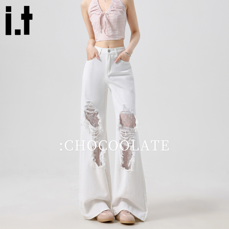 It:Chocoolate Off-White Lace Ripped Jeans for Women, Summer High-Waisted Slimming Design Straight-Leg Pants