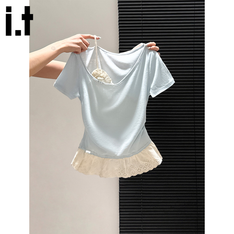 Chocoolate Lace Bow Short-Sleeved T-Shirt for Women in Summer, Unique and Beautiful Ruffled Shoulder Top