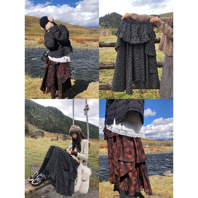 Jinputi Original Floral Midi Skirt for Women, Mid-Length, Autumn and Winter Design, High-Waisted A-Line Long Skirt Jinputi Original Floral Midi Skirt for Women, Mid-Length, Autumn and Winter Design, High-Waisted A-Line Long Skirt